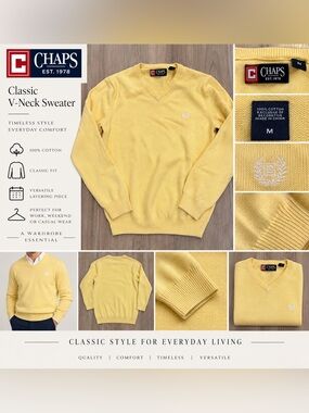 Chaps Men’s Yellow 100% Cotton V-Neck Sweater Size Medium